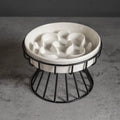 Flower pattern ceramic slow feeder bowl on an elevated black metal stand