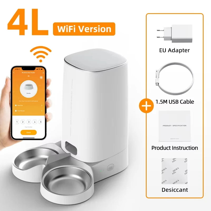 Cat eating kibble dispensed by the WiFi automatic pet feeder