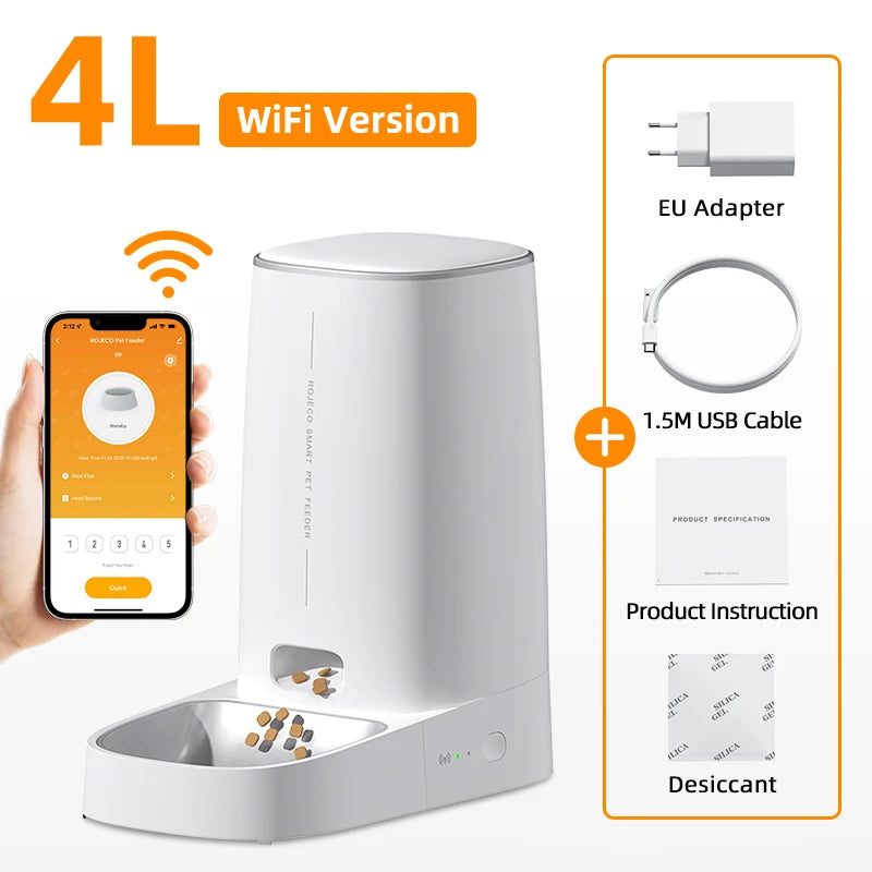 Mains adapter and backup AA batteries for the automatic pet feeder