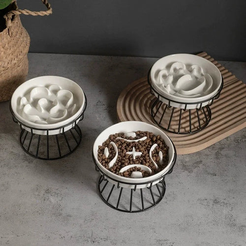 Set of 2 Aria ceramic slow feeder bowls on black metal stands