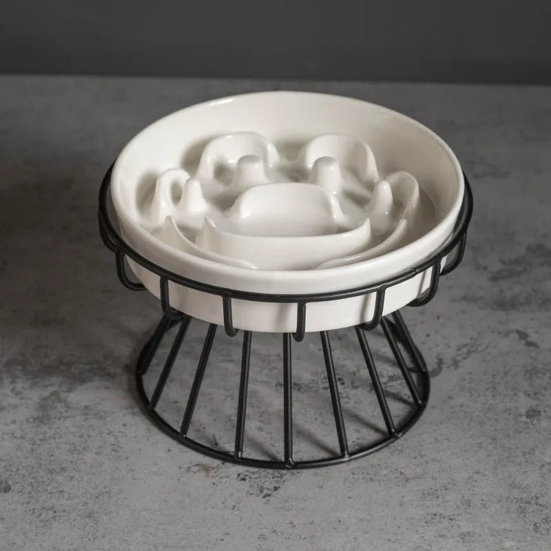 Paw print pattern slow feeder bowl on an elevated black metal stand