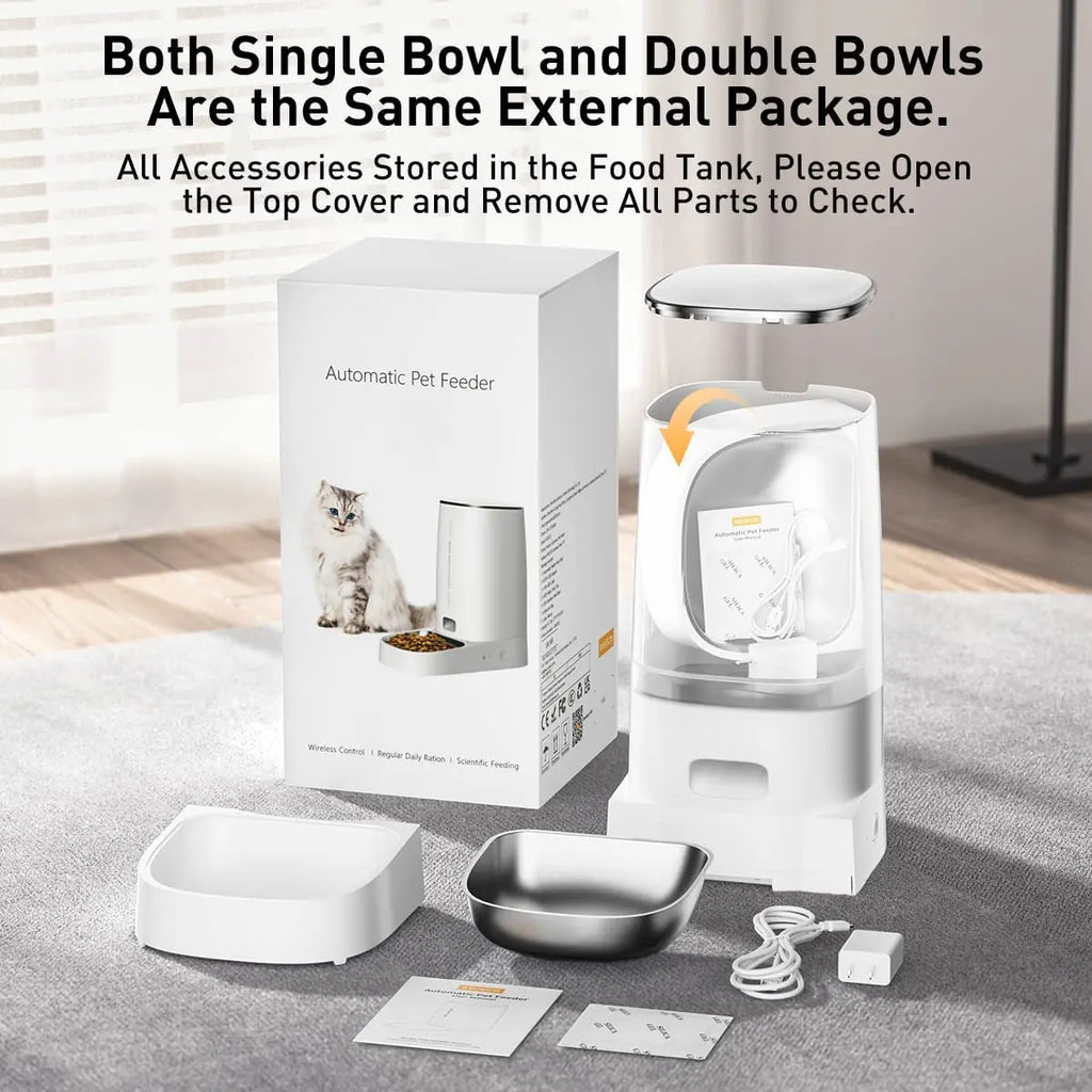 Dual bowl version of the automatic pet feeder for multi-pet households