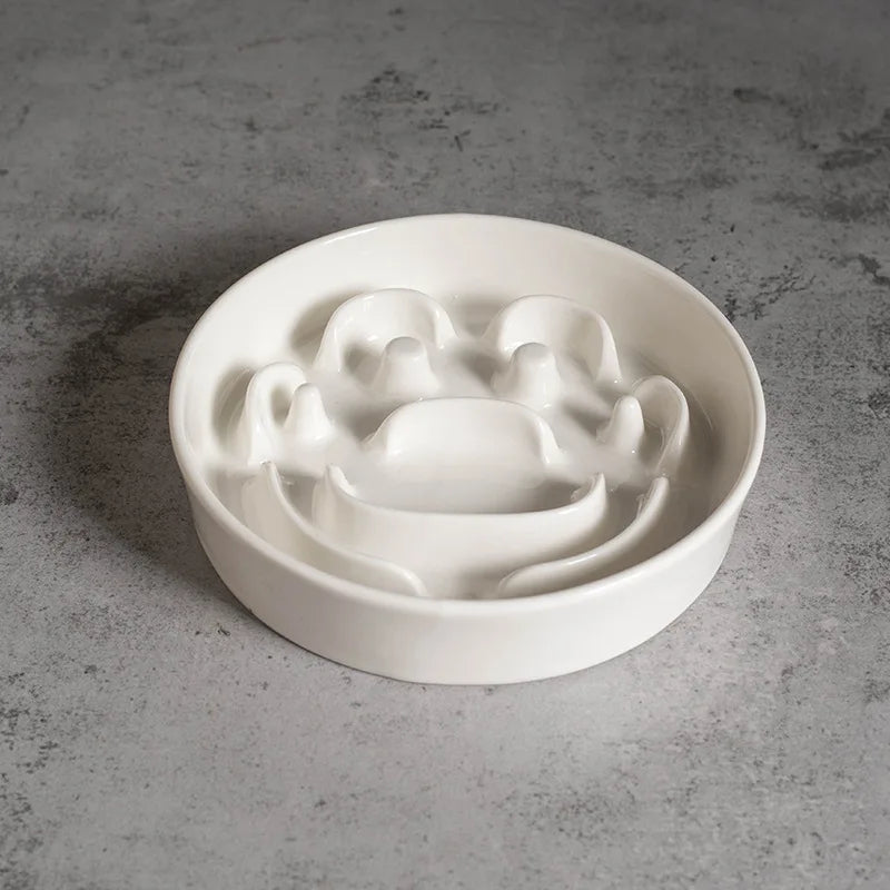 Close-up of the maze relief inside the Aria ceramic slow feeder bowl